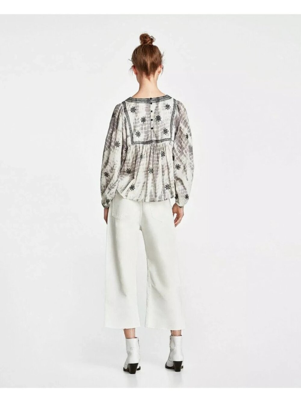 Zara Woman S Embroidered Boho Peasant Tunic Gray Tie Dye Cottagecore Festival - Picture 3 of 16